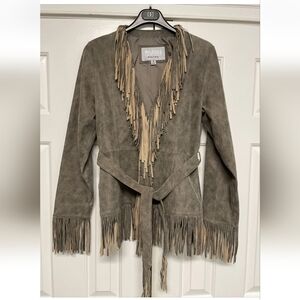 NWOT Wilson Leather Maxima Taupe Leather Fringed Jacket